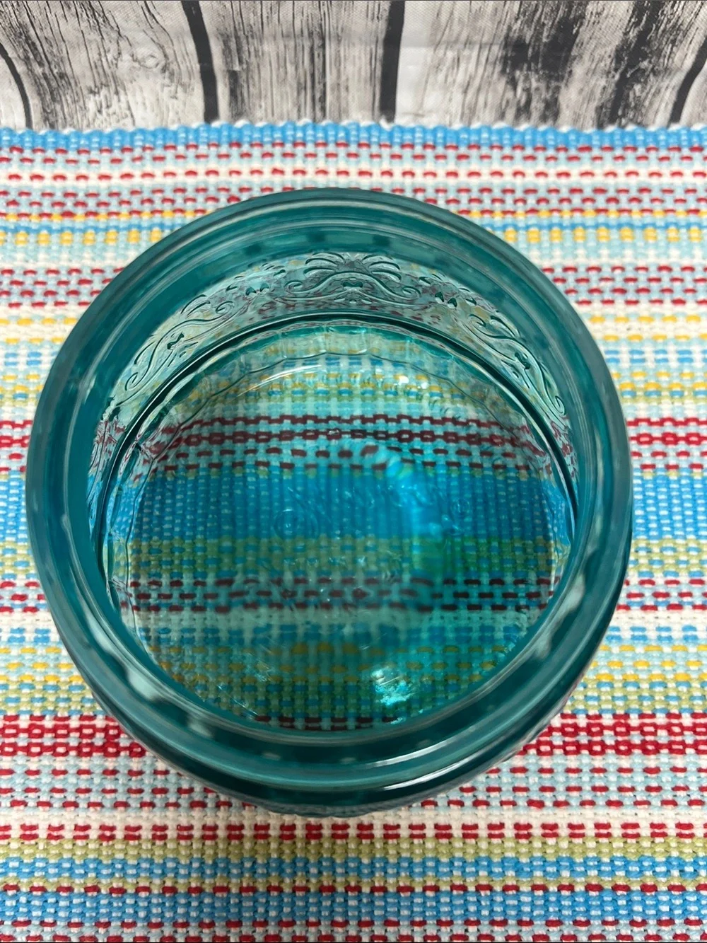 The Pioneer Woman “Cassie” glass embossed canister-small 33oz- 5”x5.75”- Teal